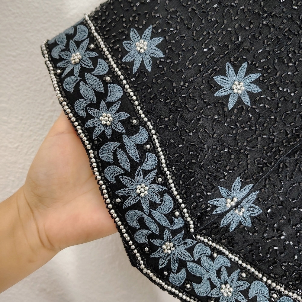 Vintage Papell Boutique Evening Top Womens Small Black Blue Floral Silk Beaded - Picture 12 of 14